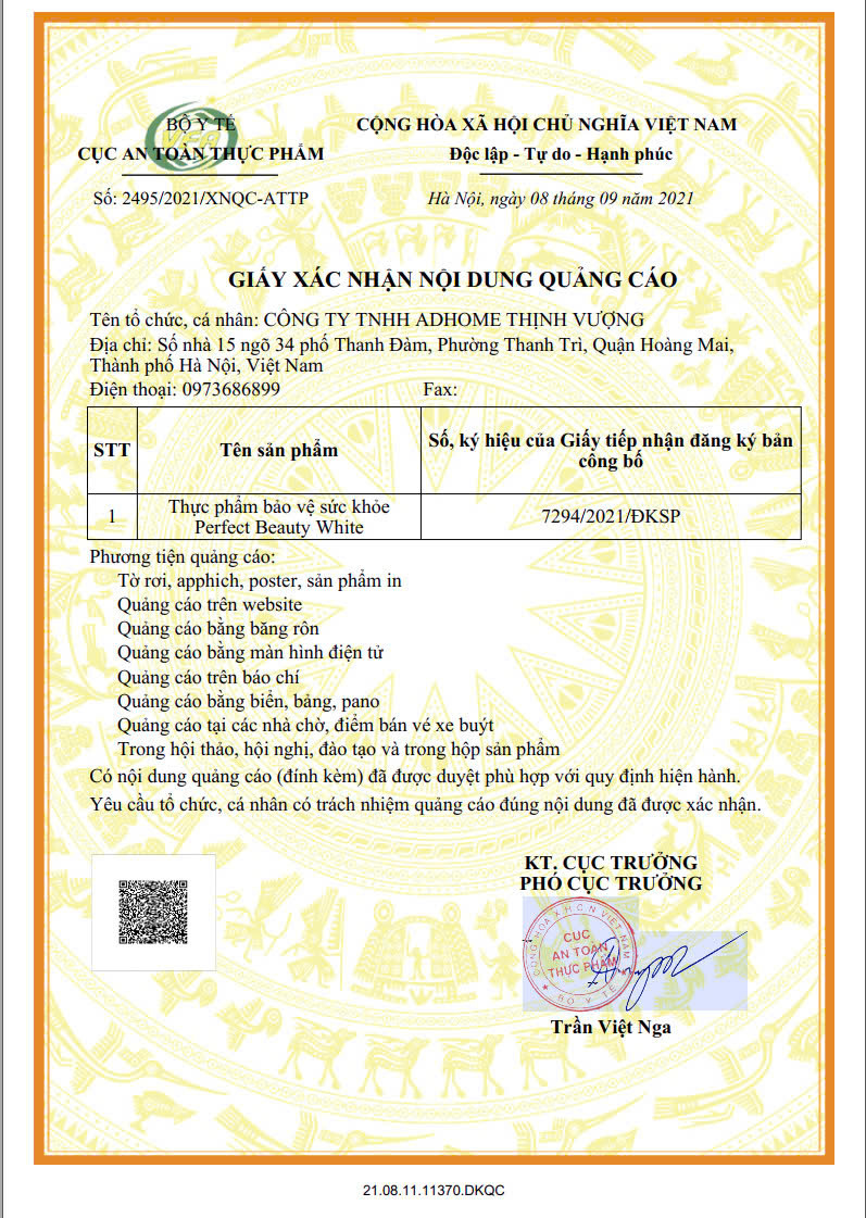 giấy xác nhận quảng cáo Perfect Beauty White