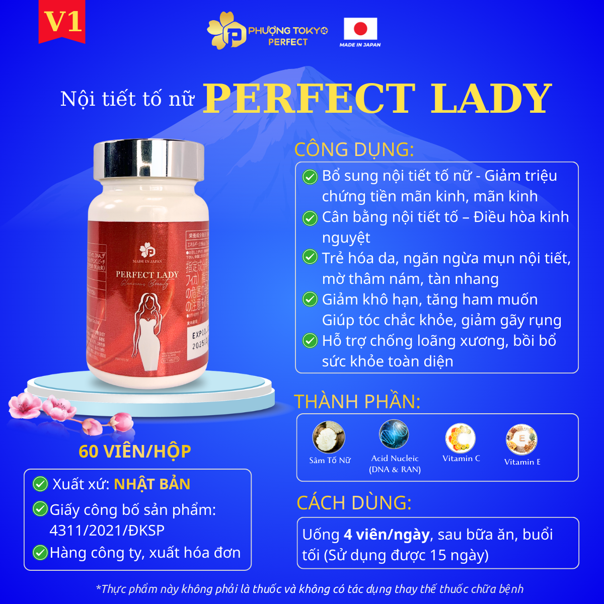 Thực Phẩm Bảo Vệ Sức Khỏe PERFECT LADY - Hỗ Trợ Bổ Sung Nội Tiết Tố Nữ, Cải Thiện Tình Trạng Tiền Mãn Kinh, Mãn Kinh, Mờ Thâm Sạm Nám